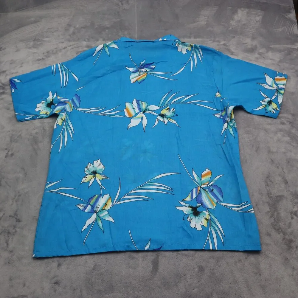 Shore Things Shirt Mens L Blue Floral Hawaiian Button Up Short Sleeve Casual
